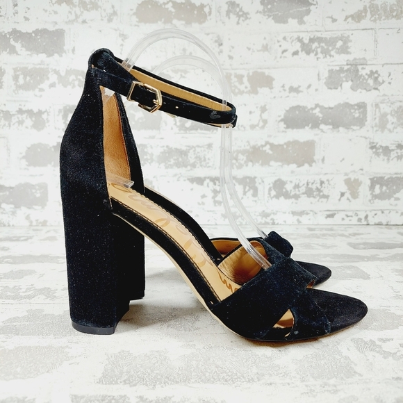 New Sam Edelman Omar Black Suede Ankle Strap Block Heel Sandals E72 - Picture 5 of 13